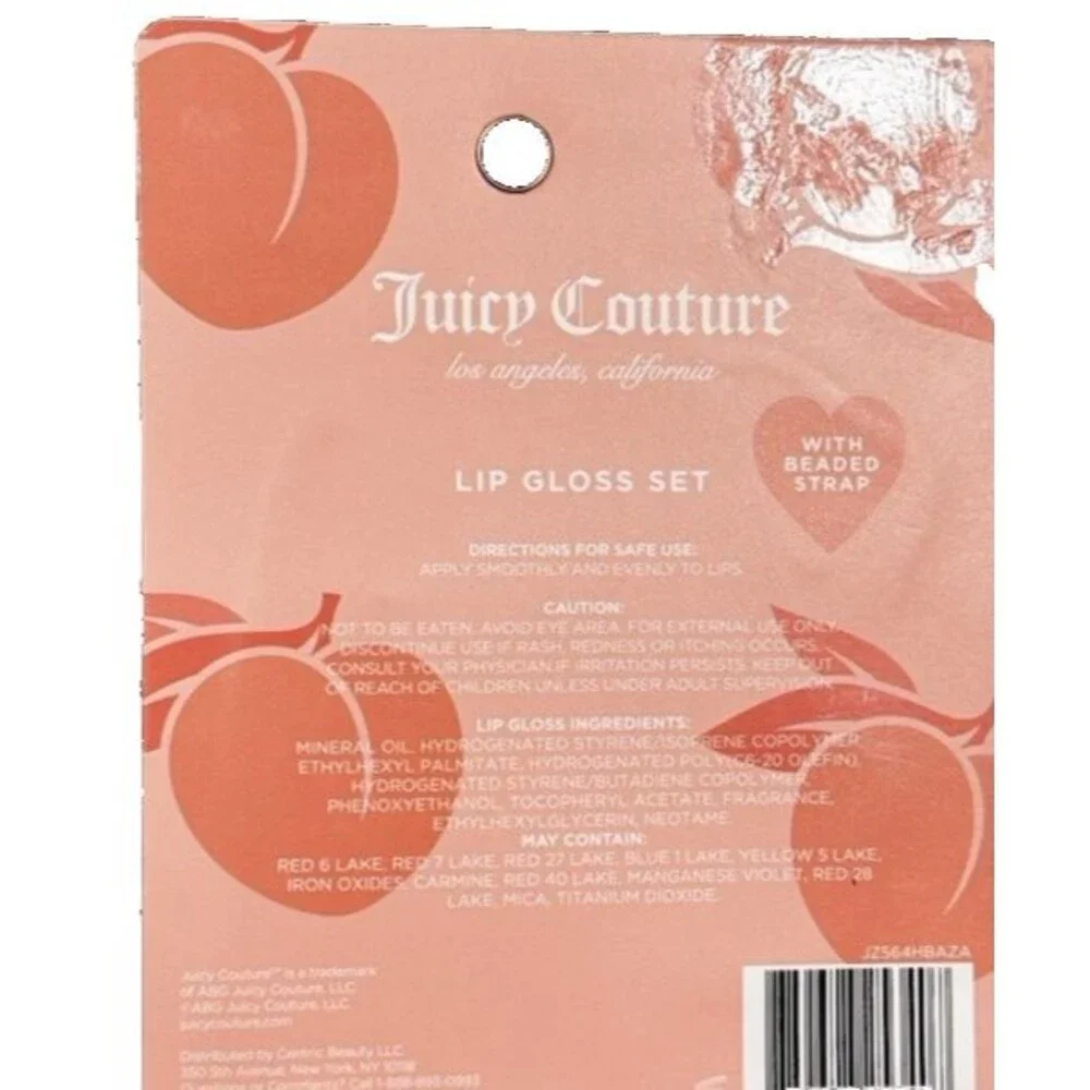Juicy Couture Peach Liquid Lip Gloss Set Shine Effect w/ Beaded Strap Charm